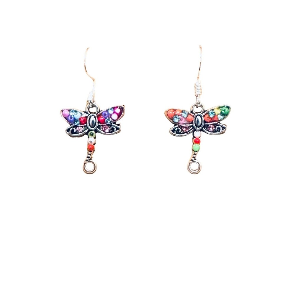Silver Bejeweled Dragonfly Charm on Sterling Earrings #2233